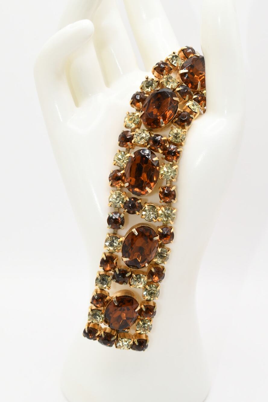 Vintage Root Beer & Jonquil Rhinestone Bracelet 7” Gold Tone